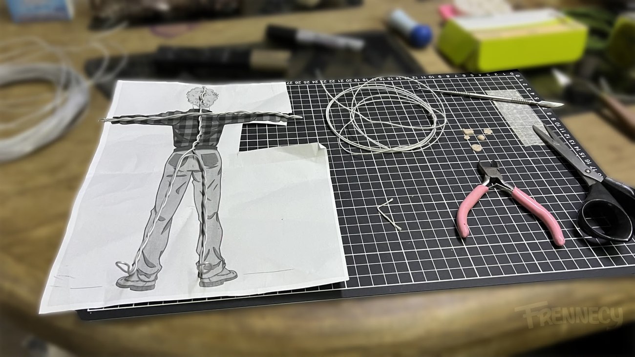 Hombre Mipa — prueba de armazón con alambres sobre el diseño